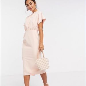 ASOS DESIGN high neck midi dress with fluted sleeve in blush pink